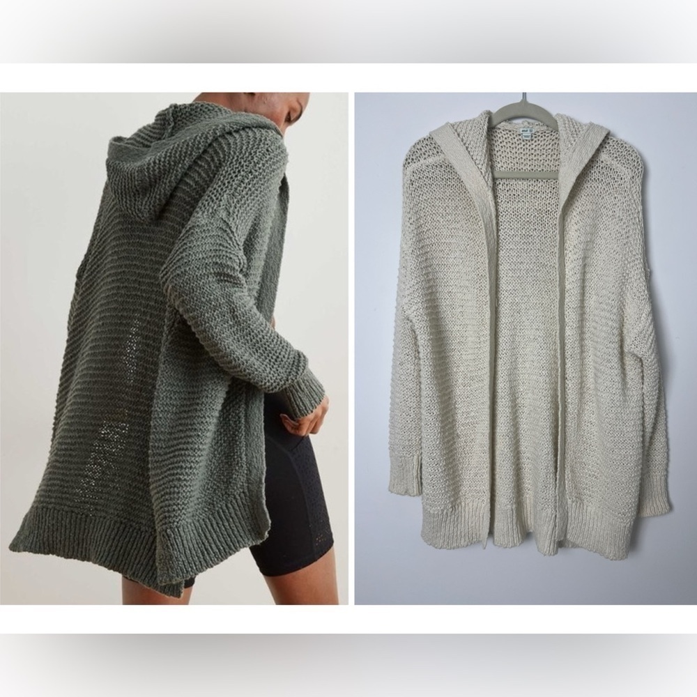 AERIE Beige Hooded Open Knit Bohemian Oversized Slouchy Open Cardigan Sz XS/S - Picture 2 of 12